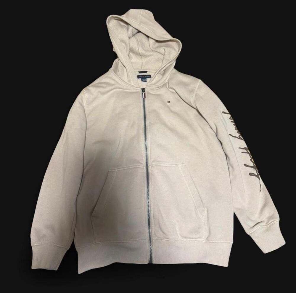Tommy Hilfiger Full Zip Hoodie Beige Script Logo Size L (14/16)